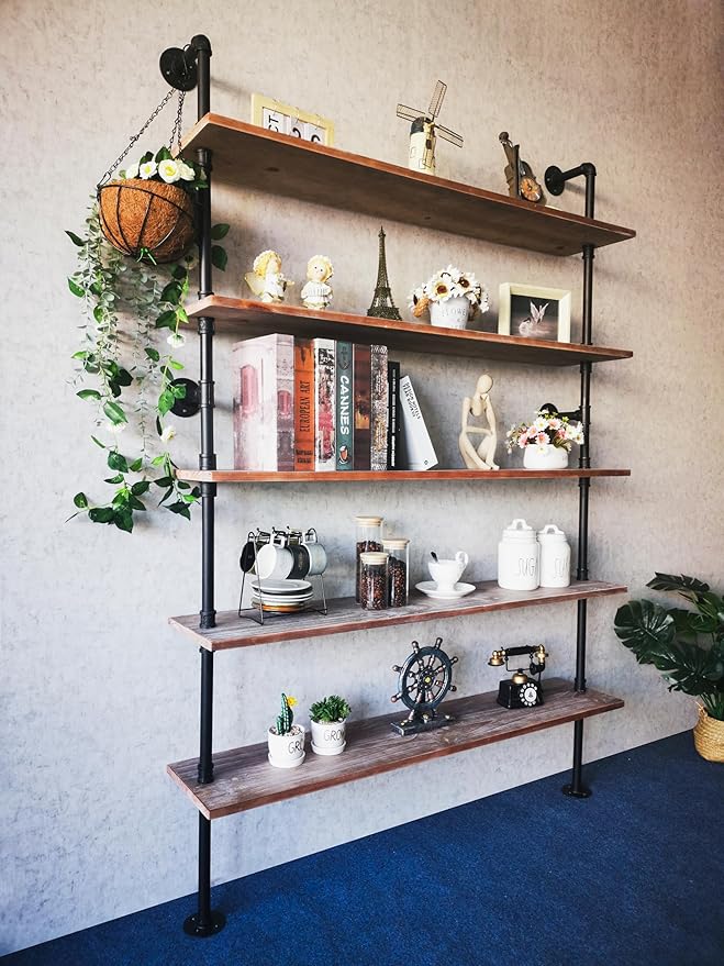 Industrial Ladder Shelves, Wall Mounted Rustic Bookshelf, Retro Wood Metal Pipe Industrial Shelves (Weathered Brown, 5 Tier - 10" D x 48" W x 70" H)