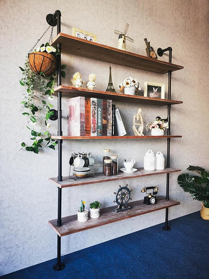 Industrial Ladder Shelves, Wall Mounted Rustic Bookshelf, Retro Wood Metal Pipe Industrial Shelves (Weathered Brown, 5 Tier - 10" D x 48" W x 70" H)