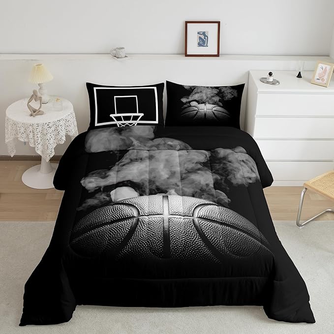 Erosebridal Basketball Comforter Set for Boys Teen Queen Size Sports Basketball Bedding Set Basketball Room Decor Reversible Black Down Comforter Grey Hippie Smoke Quilt Duvet Insert 2 Pillow Case
