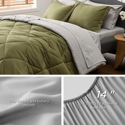 Bedsure Olive Green Queen Comforter Set - 7 Pieces Reversible Queen Bed in a Bag Queen Bed Set with Comforters, Sheets, Pillowcases & Shams, Queen Bedding Sets