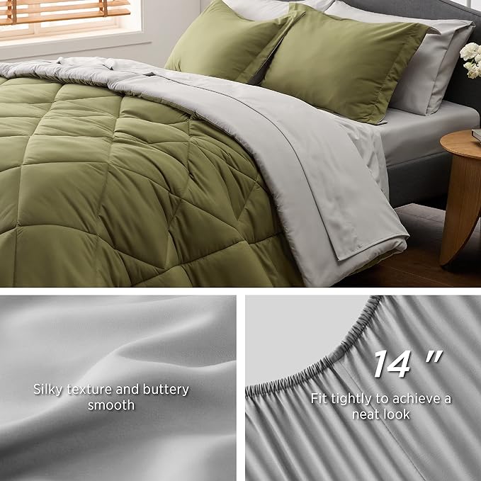 Bedsure Olive Green Twin XL Comforter Set - 5 Pieces Reversible Twin XL Bed in a Bag Twin XL Bed Set with Comforters, Sheets, Pillowcase & Sham, Twin XL Bedding Sets
