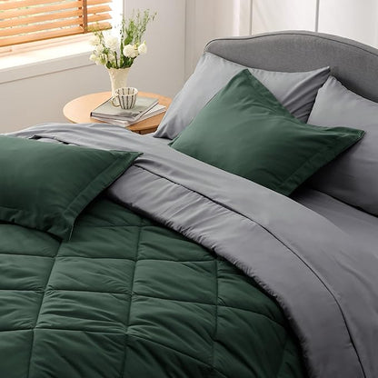 Bedsure Forest Green California King Size Comforter Set - 7 Pieces Reversible Cal King Bed in a Bag, Forest Green and Grey Bed Set with Comforters, Sheets, Pillowcases & Shams
