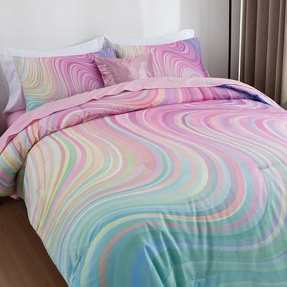 Btargot Super Soft 6 Pieces Gradient Wavy Line Comforter Set, Colorful Glitter Rainbow Star Pattern Bedding Set for Boys Girls Teens, Twin Pink Green