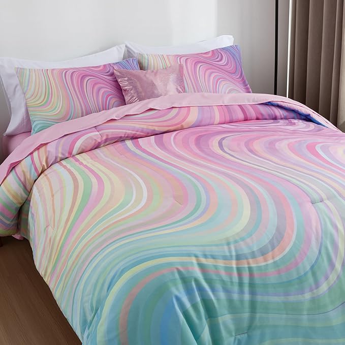 Btargot Super Soft 6 Pieces Gradient Wavy Line Comforter Set, Colorful Glitter Rainbow Star Pattern Bedding Set for Boys Girls Teens, Full Pink Green