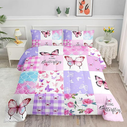 Datura home Kids Comforter Set Mermaid Scale Butterfly Printed Pattern Bedding Set with 1 Comforter and 2 Pillowcases for Girls Boys Bedroom All Season(Mermaid1 Queen)
