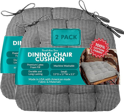 Barnett Home Decor Dining Chair Cushions with Ties – Size Small 15 x 17 - Latex Foam Fill, 100% Cotton, Machine Washable Chair Pads for Kitchen Chairs, Made in USA (Madrid Black/Pack of 2)
