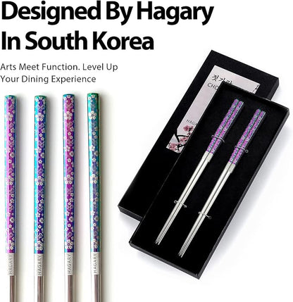 Hagary Cherry Blossom Rainbow Chopsticks Metal Chopsticks Reusable Designed In Korea Japanese Style Stainless Steel 316 18/10 Non-Slip Dishwasher Safe (2 Pairs)