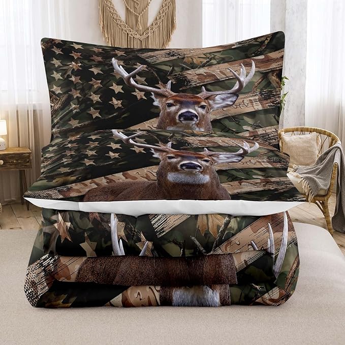 NINENINE Camo Deer Comforter Sets Twin Size,American Flag Wildlife Forest Bedding for Boys Adult Teens,Western Theme Hunted Animal Comforter Sets with 1 Comforter 1 Pillowcase…