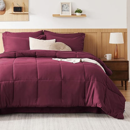 Bedsure Burgundy Twin Comforter Set - 5 Pieces Solid Twin Bed in a Bag, Twin Bed Set Burgundy with Comforters, Sheets, Pillowcase & Sham