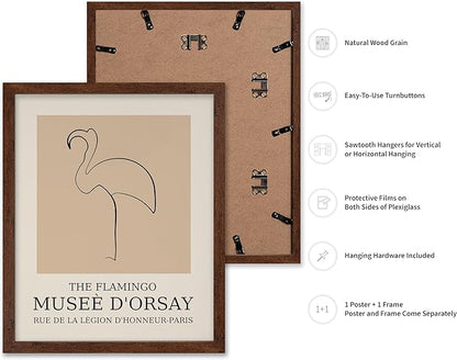 Poster Master Vintage Poster - Retro Minimalist Print - Gift for Artist, Housewarming - Flamingo, Line Drawing, Sketch, Abstract - Wall Decor for Living Room, Bedroom, 16x20 Brown Framed