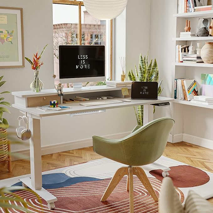 FEZIBO 60 x 24 Inch Height Adjustable Electric Standing Desk with Double Drawer, Stand Up Desk with Storage Shelf, Sit Stand Desk, White