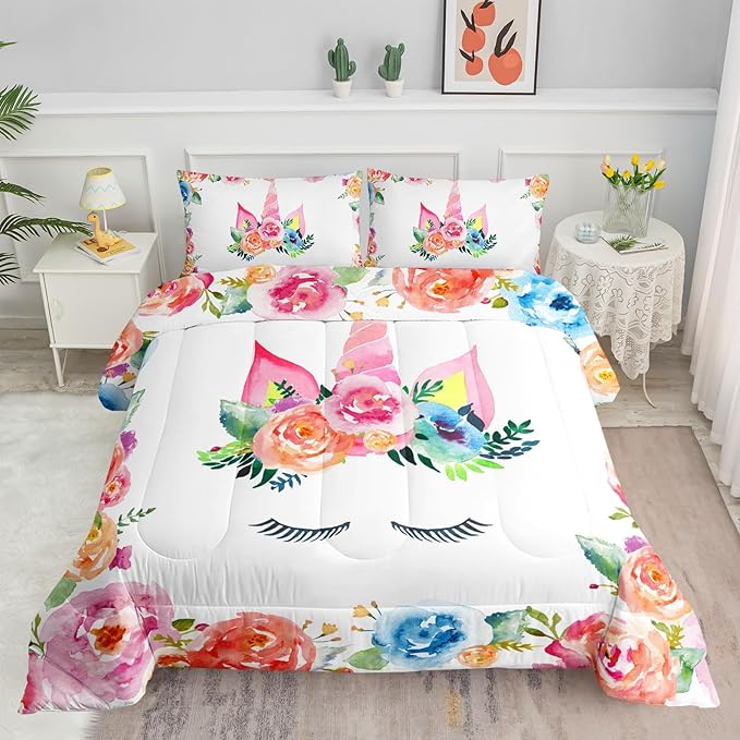 Datura home Unicorn Floral Watercolor Flower Comforter Bedding Set for Girls Teens Adults,Colorful Lovely Roses Blooms Print Design Unicorn Bedding Set(Unicorn Twin)