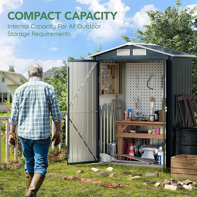 5x3X6.3FT Outdoor Steel Storage Shed with Lockable Doors and Frame Floor, Compact Small Bike Shed, Ideal for Garden, Backyard, Swimming Pool, Patio Utility and Tool Storage