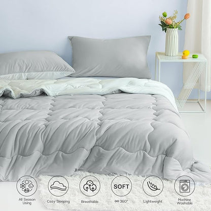 COTTEBED Reversible Comforter Sets KING Size Bed, Jersey Knit T-Shirt Feel Bedding Down Comforters Quilt & Pillowcase -Super Soft Cozy Lightweight All Season (Light Grey and White California Cal/King)