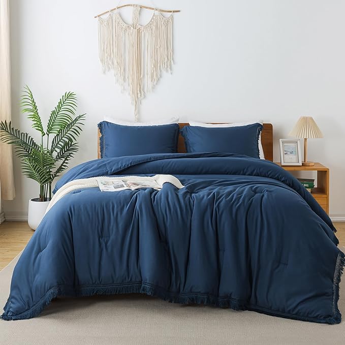 Andency Navy Blue Comforter Set Full Size, 3 Pieces Boho Tassel Lightweight Bedding Comforter Sets, All Season Soft Fluffy Fringe Bed Set (79x90In Comforter & 2 Pillowcases)