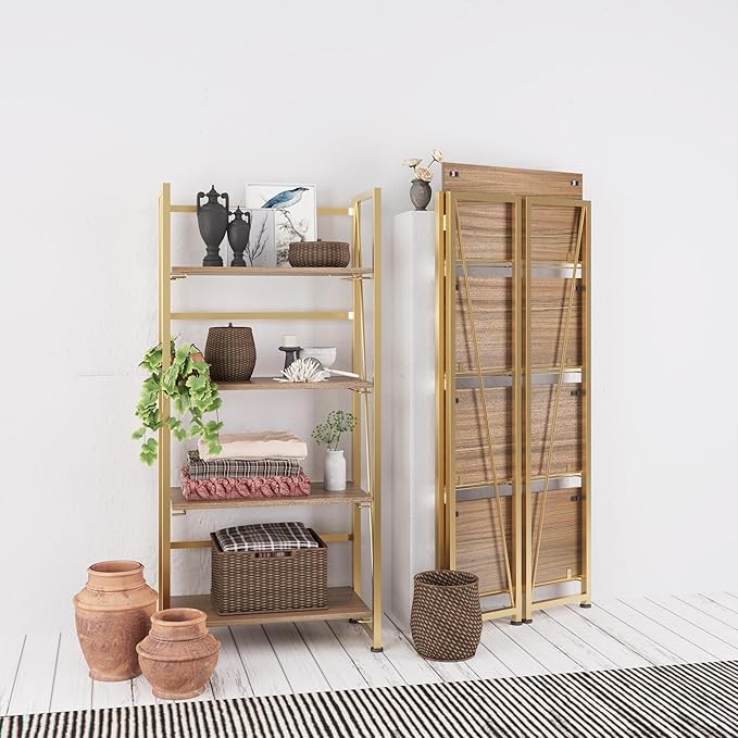 No-Assembly Folding Gold Bookshelf Storage Shelves 4 Tiers Vintage Multifunctional Plant Flower Stand Storage Rack Shelves Bookcase for Home Office