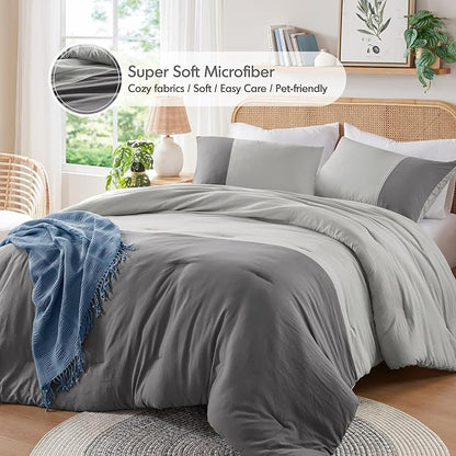 Grey Twin Comforter Set - Modern Soft Farmhouse Bedding for Teen Boys, Kids Colorblock Pattern Bed Sets for All Season, 2 Pieces includes 1 Comforter, 1 Sham (66"x 90")