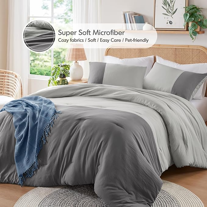 Grey Comforter King Size - Modern Farmhouse Soft Comforter Sets for Men, Masculine Colorblock Pattern Bed Sets for All Season, 3 Pieces includes 1 Comforter, 2 Shams (104"x 90")