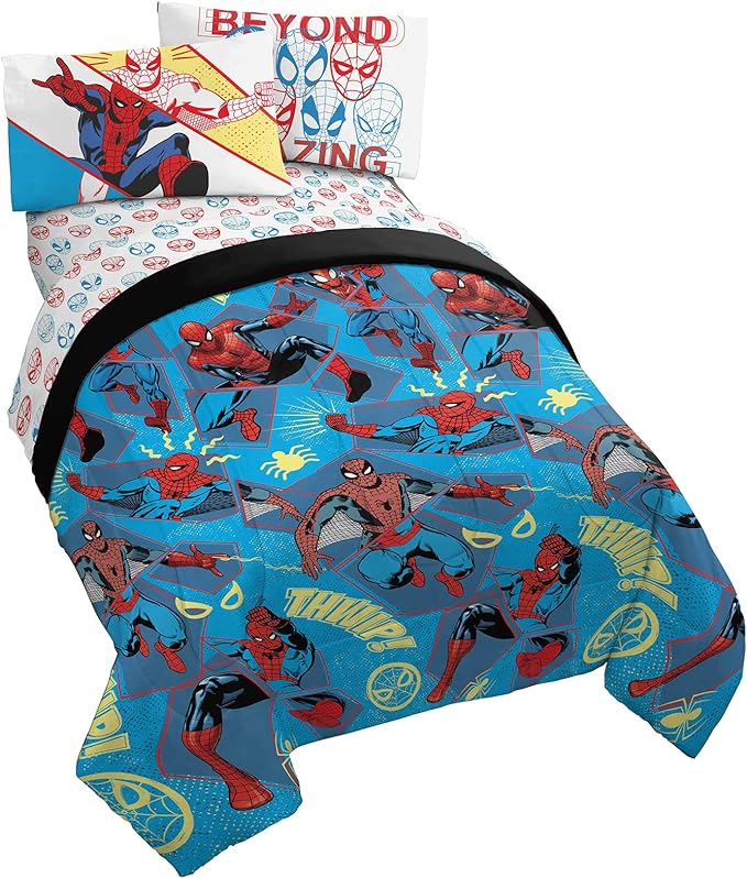 Marvel Spiderman Beyond Amazing 5 Piece Full Size Bed Set - Includes Comforter & Sheet Set Bedding - Super Soft Fade Resistant Microfiber (Official Product)