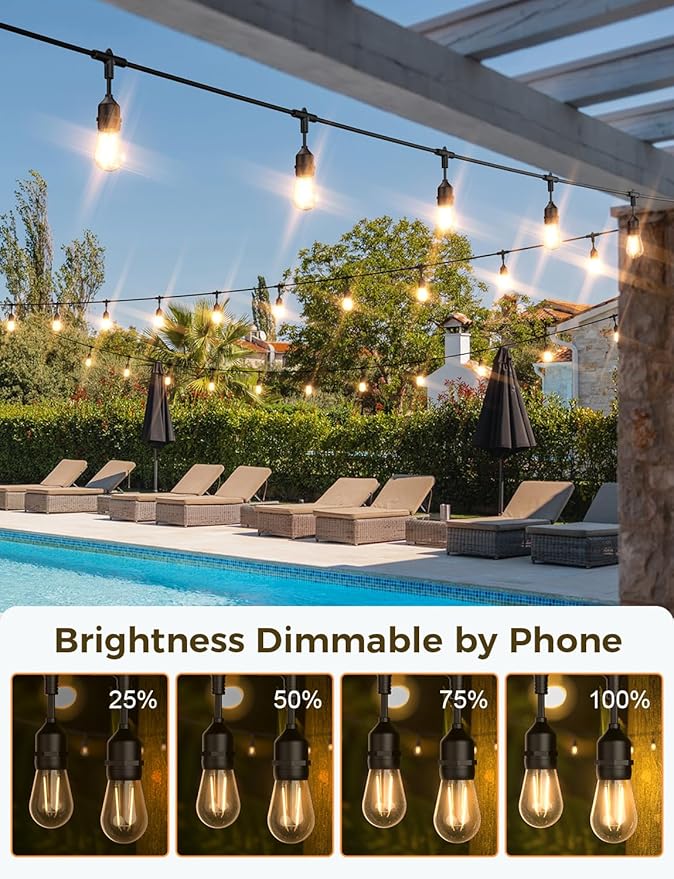 XMCOSY+ Outdoor String Lights, 98Ft Smart LED Patio Lights, WiFi Control, Compatible with Alexa, Waterproof Dimmable Edison String Lights for Outside, Porch