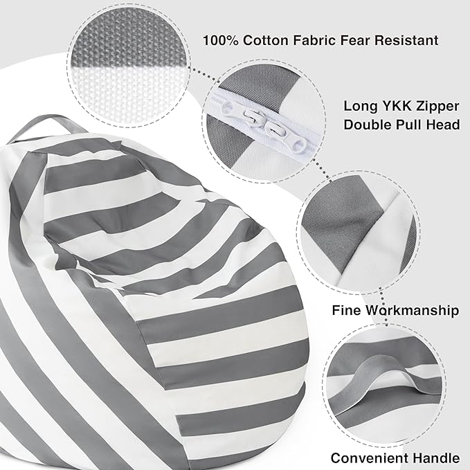EXQ Home Kids Bean Bag Chairs Cover -Stuffed Animal Bean Bag Storage Grey and White Stripes-Zipper Bean Bag for Organizing Children Plush Toys Holiday Gift for Girl,Boys (2XL)