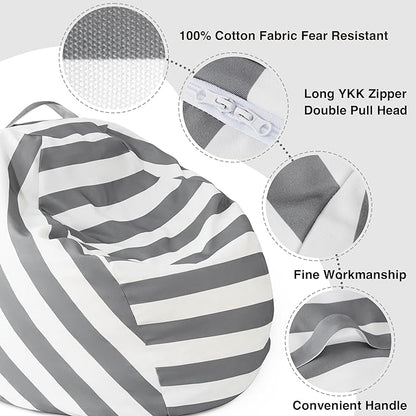 EXQ Home Kids Bean Bag Chairs Cover -Stuffed Animal Bean Bag Storage Grey and White Stripes-Zipper Bean Bag for Organizing Children Plush Toys Holiday Gift for Girl,Boys (2XL)