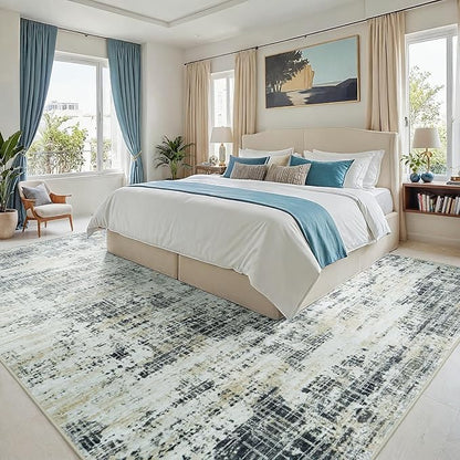 10x12 Washable Area Rug for Living Room Bedroom: Non-Slip Modern Black Gray | Machine Washable TPR Backing, Stain-Resistant Low Pile, Pet & Kid Friendly, Abstract Decor for Dining Room, Dorm, Home Office