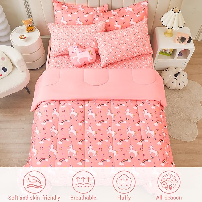 Mooreeke Twin Size Comforter Sets for Girls Kids, 6 Pieces Bed in a Bag Pink Unicorn Rainbow Bedding Comforter Sheet Set with Shams and Decorative Toy Pillow, Ultral Soft Microfiber Kids Bed Set