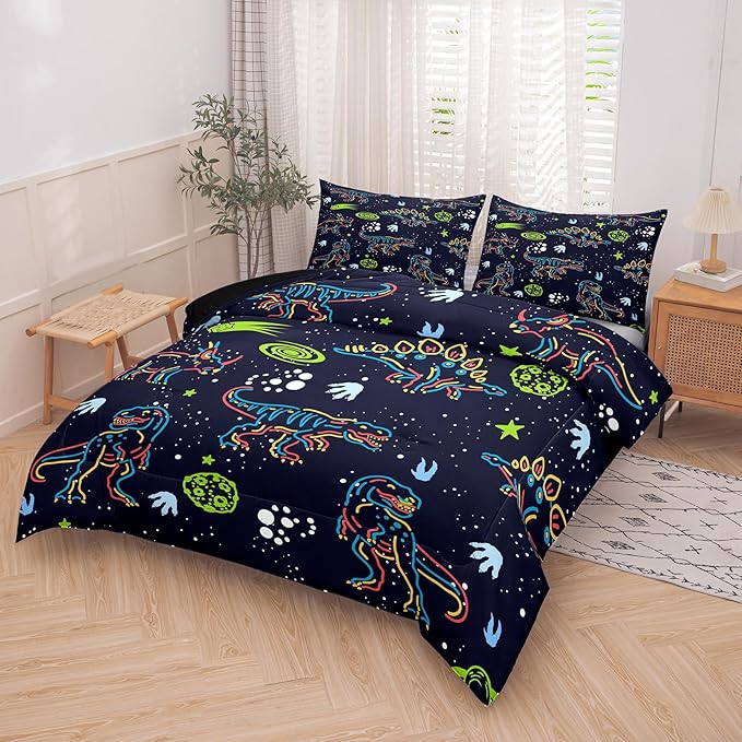NINENINE Dinosaur Bedding Sets for Boys Kids,Dark Blue Retro Dinosaur Comforter Set,Queen Size Comforter Sets for Kids,with 1 Comforter 2 Pillowcases…