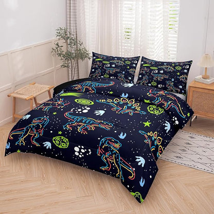 NINENINE Dinosaur Bedding Sets for Boys Kids,Dark Blue Retro Dinosaur Comforter Set,Queen Size Comforter Sets for Kids,with 1 Comforter 2 Pillowcases…