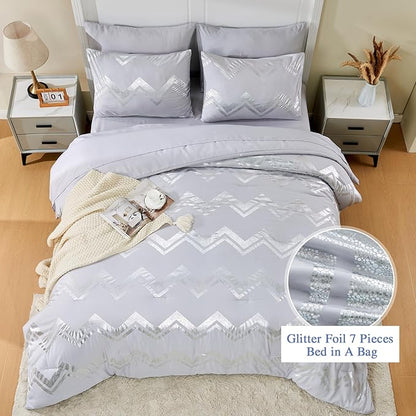 Wowelife 7 Pieces Silver Grey Comforter Set Queen Size Glitter Foil Gray Bedding Set Full Kids Bedroom Comforter Sets with Comforter, Flat Sheet, Fitted Sheet, 2 Pillowcases and 2 Pillow Shams