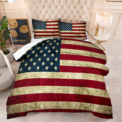 Tailor Shop American Flag Comforter Set for Boys Kids Teens American Flag Pattern Bedding Set King Size with 1 Comforter 2 Pillowcases