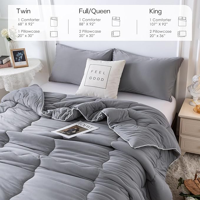 COTTEBED Ultra-Soft Comforter Set Queen/Full Size Bed, Jersey Knit T-Shirt Feeling Fluffy Cozy Comy Durable Lightweight Quilt Bedding Down Blanket & 2 Pillowcase for All Season Use, Dark Grey