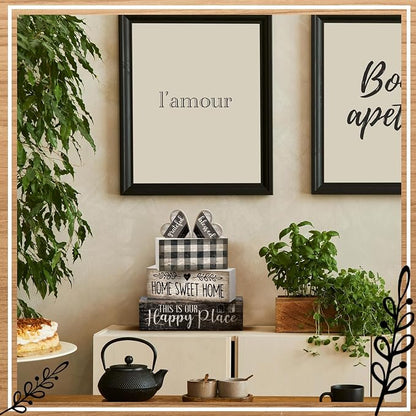 Moucuny 4 Pcs Farmhouse Decor Black and White Farmhouse Tiered Tray Decorations Home Sweet Home Table Centerpiece Wooden Blessed Heart Rustic Checked Kitchen Decor and Accessories Block Sign for Shelf