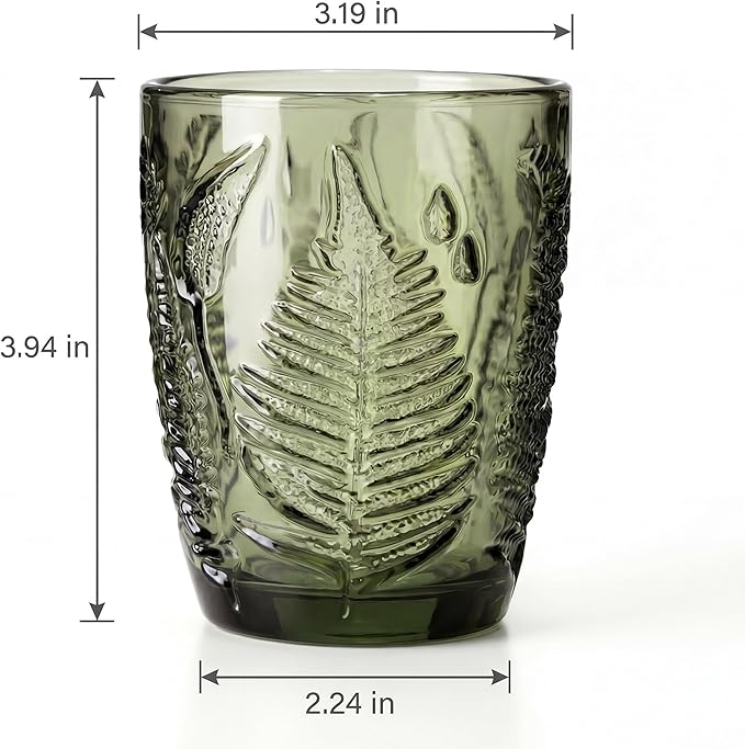 Green Drinking Glasses Set of 8, 10 oz Glass Cups, Vintage Fern Glassware | Hand-Pressed, Dishwasher Safe, Boho Leaf-Textured Drinkware, Colored Embossed Lowball Tumblers for Water, Retro Kitchen Gift