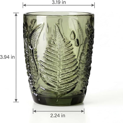 Green Drinking Glasses Set of 8, 10 oz Glass Cups, Vintage Fern Glassware | Hand-Pressed, Dishwasher Safe, Boho Leaf-Textured Drinkware, Colored Embossed Lowball Tumblers for Water, Retro Kitchen Gift