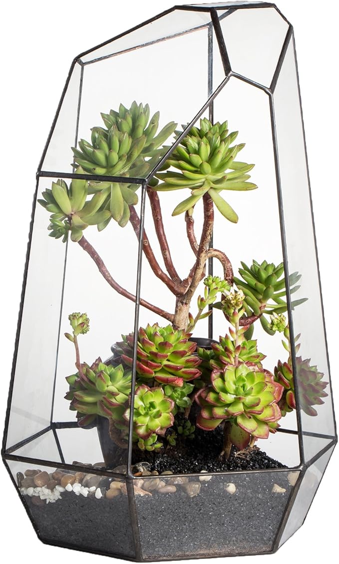 NCYP Large Geometric Terrarium - 16 Inches Tall Irregular Open Glass Terrarium Pot - Home Garden Tabletop Decoration Planter for Air Plants Succulents, Handmade (NO Plants, No Door)