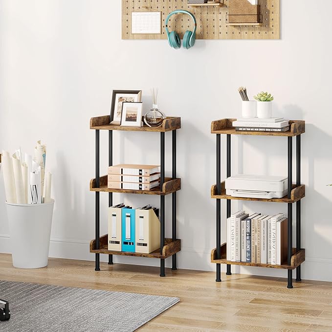 Bookshelf Small Book Shelf: 3-Tier Wood Bookcase Industrial Bookshelf Metal Standing Book Shelves Display Book Rack for Living Room Bedroom Home Office (Rustic Brown)