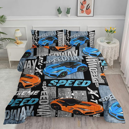 Datura home Sports Car Comforter Set Vintage Racing Car Printed Quilt Bedding Set with 1 Comforter and 2 Pillowcases for Boys and Girls Bedroom All Season(Sports Car Queen)