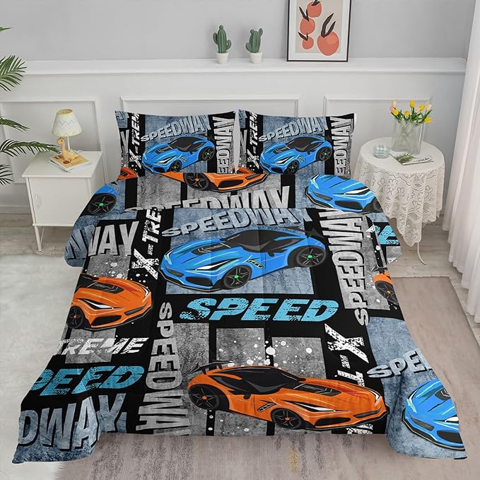 Datura home Sports Car Comforter Set Vintage Racing Car Printed Quilt Bedding Set with 1 Comforter and 2 Pillowcases for Boys and Girls Bedroom All Season(Sports Car Full)