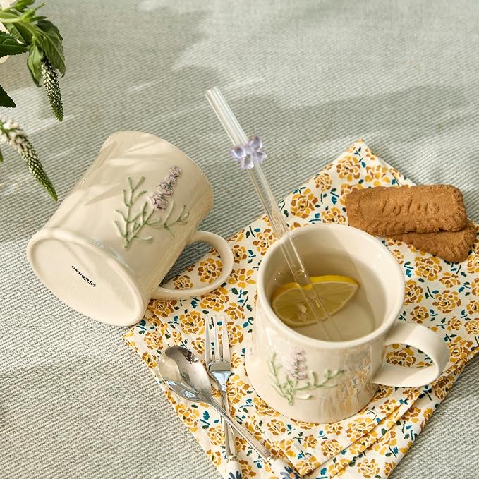 Artisanal Handcrafted Ceramic Mug with Sage Botanical Design - 10oz Off-White Stoneware Coffee Cup, Elegant Purple Sage Pattern, Dishwasher Safe, Comfort Grip Handle for Daily Use-2pack