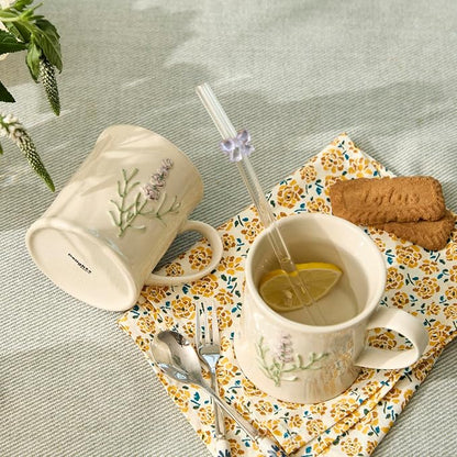 Artisanal Handcrafted Ceramic Mug with Sage Botanical Design - 10oz Off-White Stoneware Coffee Cup, Elegant Purple Sage Pattern, Dishwasher Safe, Comfort Grip Handle for Daily Use-4pack