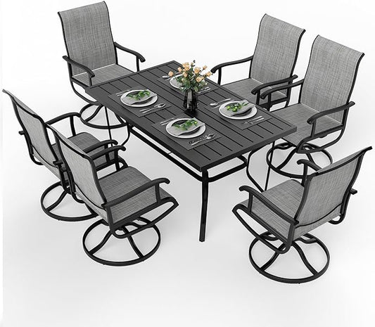 Pamapic 7 Pieces Patio Dining Set, Outdoor Dining Set All-Weather for Backyard Poolside Garden Deck, Modern Outdoor Table and Chairs Set with 6 Textilene Swivel Chairs,Gray