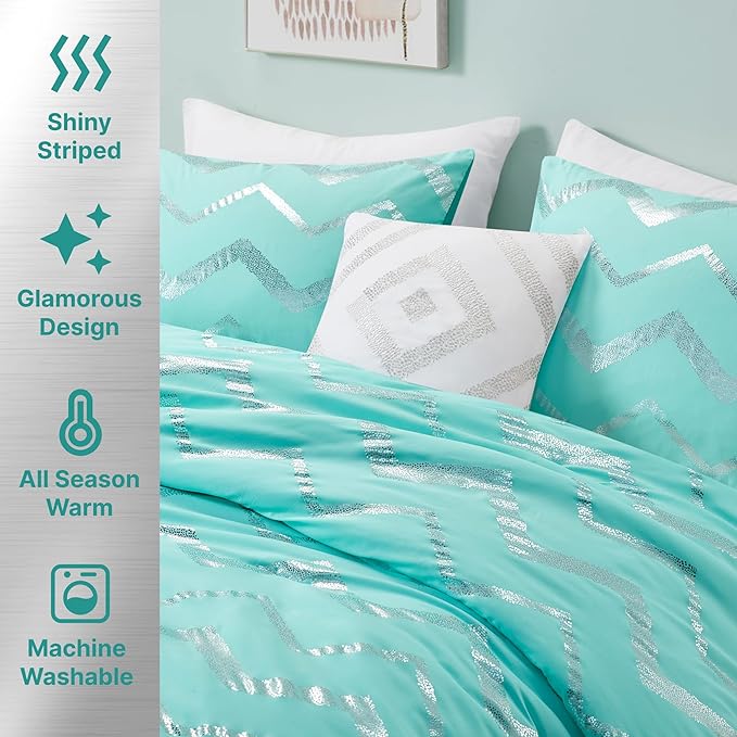 Codi Metallic Teal and Silver Comforter Set, Twin/Twin-XL Size, Cute Aqua Turquoise Bedding Sets, 3 Piece (1 Matching Sham + 1 Decorative Pillow)