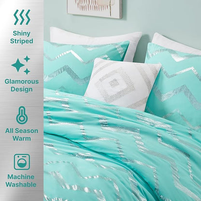Codi Metallic Teal and Silver Comforter Set, Twin/Twin-XL Size, Cute Aqua Turquoise Bedding Sets, 3 Piece (1 Matching Sham + 1 Decorative Pillow)