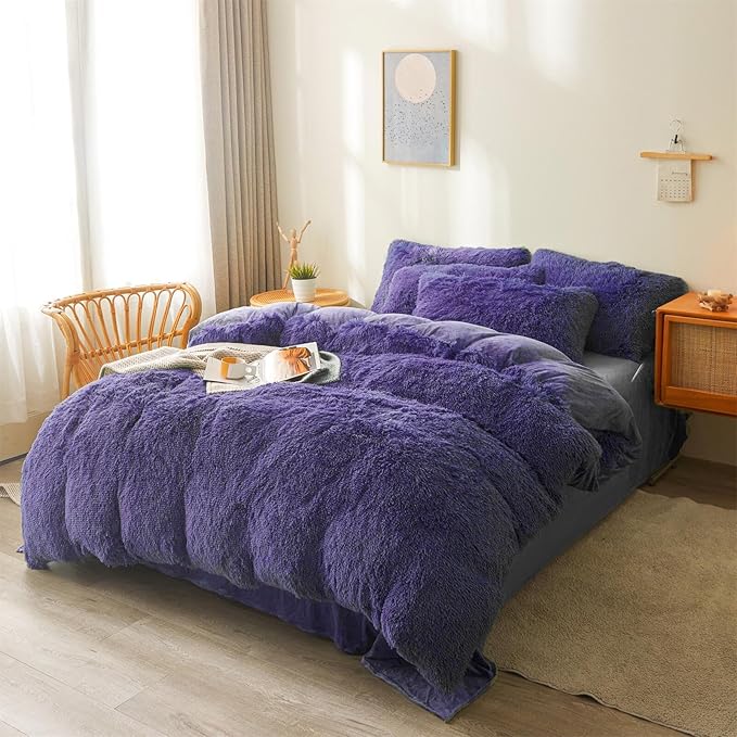 Fluffy navy blue comforters Cover twin size - Ultra Soft Plush dark blue bedding Sets 2 Pieces (1 faux fur comforter Cover + 1 fuzzy pillow case) girls shaggy navy blue twin bed set (Dark Blue, Twin)