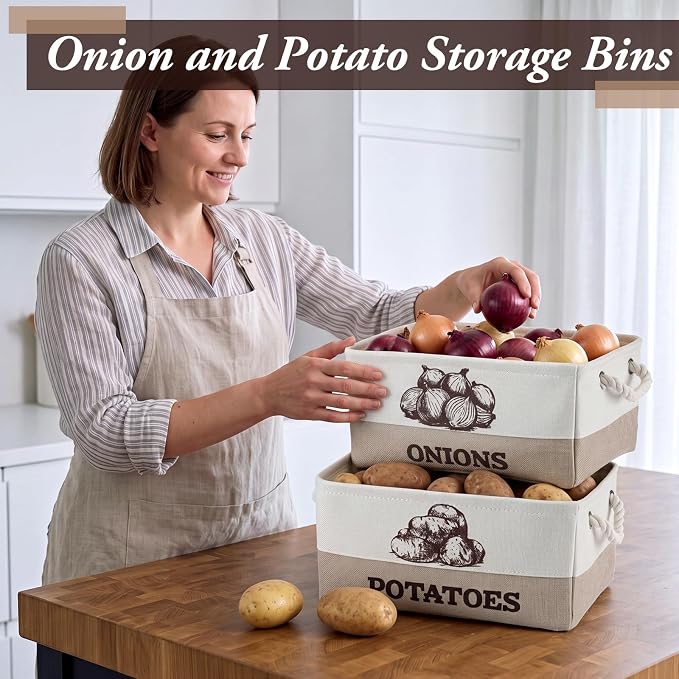 Marsui 2 Pcs Potato and Onion Storage Baskets with Handles, Foldable Kitchen Vegetable Storage Bins, Rustic Countertop Pantry Organizer for Potatoes, Onions, Fruit, Vegetables