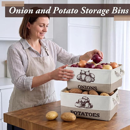 Marsui 2 Pcs Potato and Onion Storage Baskets with Handles, Foldable Kitchen Vegetable Storage Bins, Rustic Countertop Pantry Organizer for Potatoes, Onions, Fruit, Vegetables