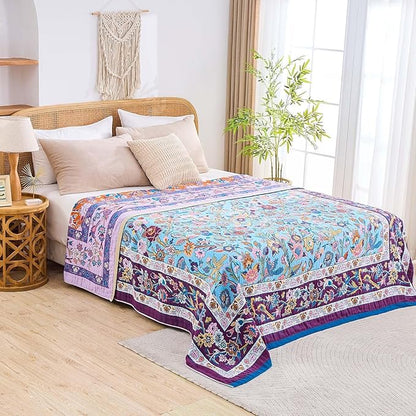 Fall Blanket for Bed, 100% Cotton Soft Rustic Boho Throw Blanket Quilt, 60"x80" Farmhouse Decor Bed Flower Blankets, Light Weight Reversible Bohemian Throw Quilt