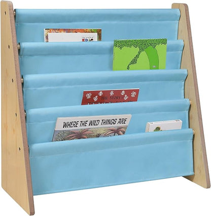 Wildkin Kids Canvas Sling Bookshelf for Boys and Girls, Wooden Design Features Four Fabric Shelves, Keep Bedrooms, Playrooms, and Classrooms Organized, an Ideal Kids Bookshelf (Natural w/Aqua)